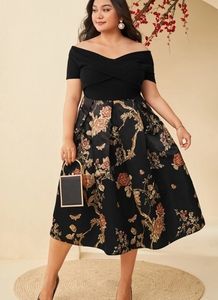 SHEIN• +Cross Wrap Off Shoulder Boxy Pleated Dress